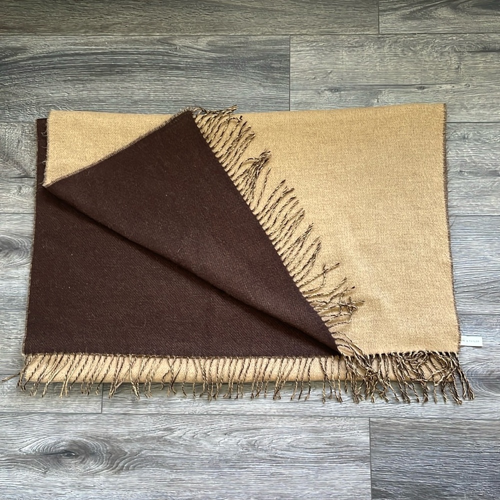 Lord & Taylor | Reversible Neutral Camel Tan Brown Fringe Wrap Scarf 29 x 80